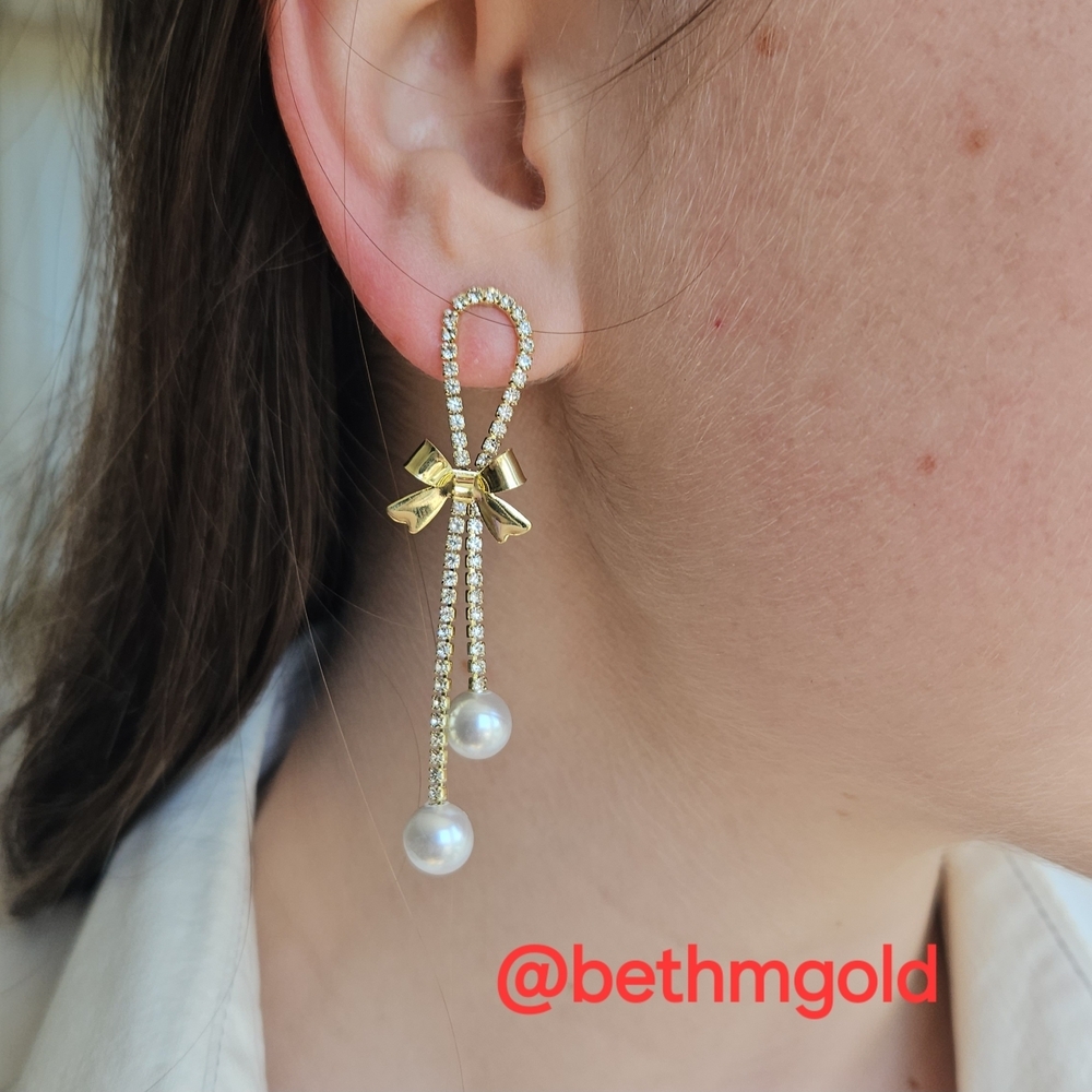 Gold Bow Pearl Dangle Earrings